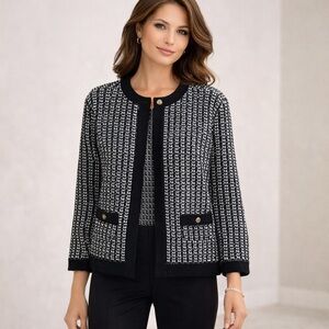 Anne Klein Black White Textured Cardigan Jacket XL NWT Hook Eye Tweed Style